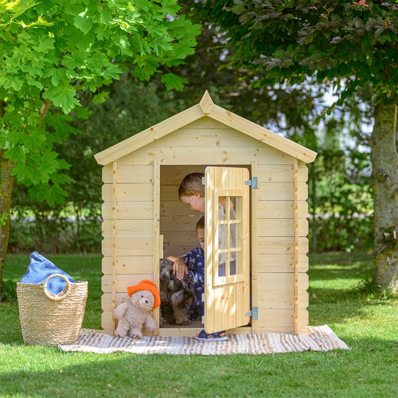 Kinderspielhaus aus Holz -Spielhaus im Freien für Kinder (ohne Boden) - 111x114xH121 cm/0.9 m2 - (Die Dachfarbe ist grün) Timbela M570Z-1