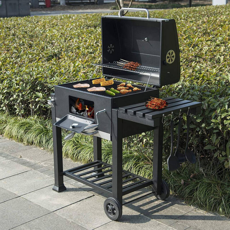 WOLTU Holzkohlegrill Kohlewanne höhenverstellbar BBQ Grill Standgrill mit Räder 113x45.5x100cm, Barbecue Grill für Garten Camping, Schwarz