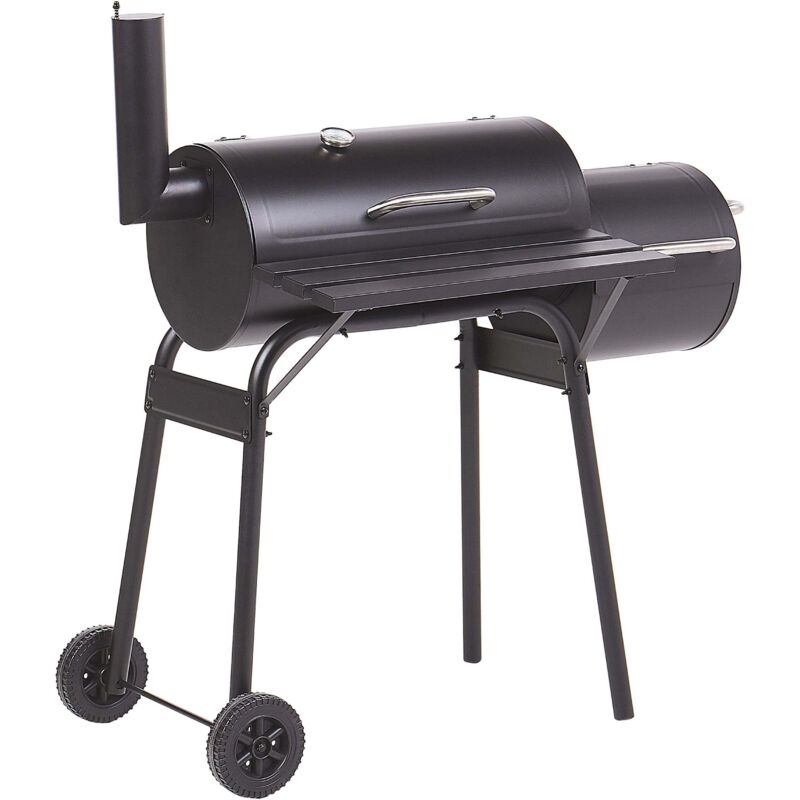 Beliani - Holzkohlegrill mit Räucherkammer Schwarz Smoker auf Rädern mit Thermometer Deckel Garten bbq