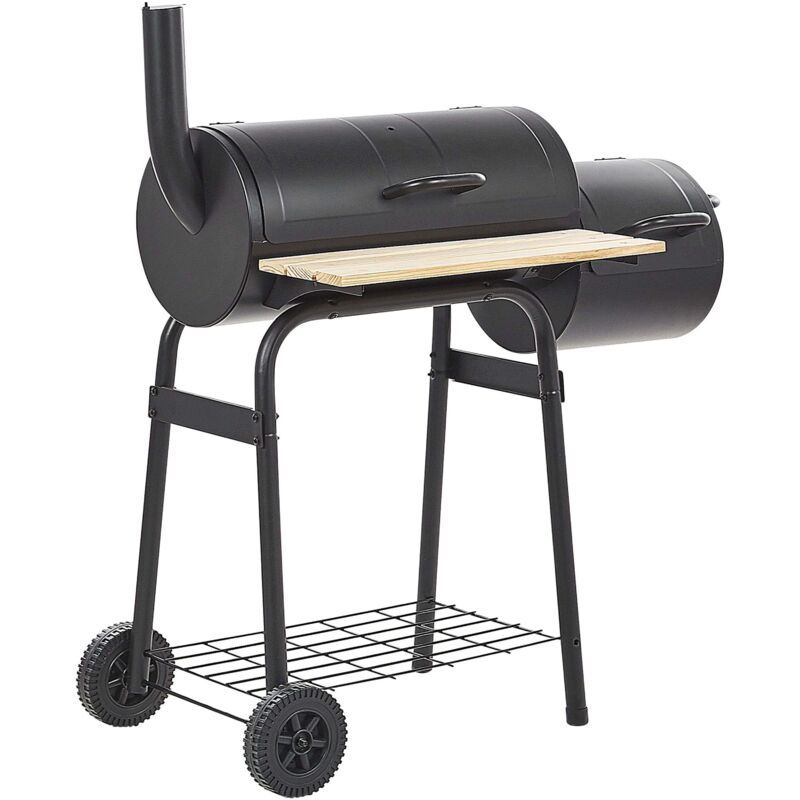 Beliani - Holzkohlegrill Schwarz aus Stahl mit Räucherkammer Smoker auf Rädern Tonnengrill Rollbar bbq Garten Outdoor Ausstattung