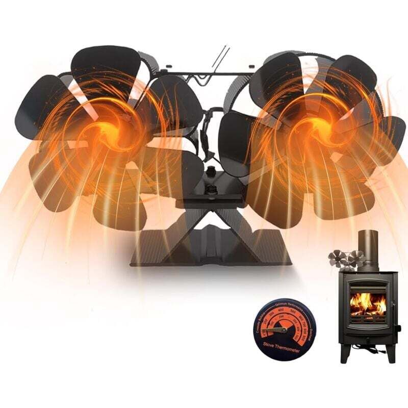 Holzofenventilator, 12 Flügel, Dual-Motor-Ventilator, wärmebetriebener Ventilator, leise, energiesparend, für Holzkamin, Holzscheite, Kamin, Ofenrohr
