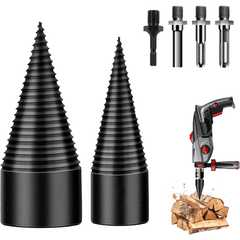 Jalleria - Holzspaltbohrer, 32 mm + 42 mm Holzspalter, Kegelbohrer mit 4 Griffen, Holzbohrer zum Spalten von Holz, Kegel-Holzspalter, Holzspaltbohrer