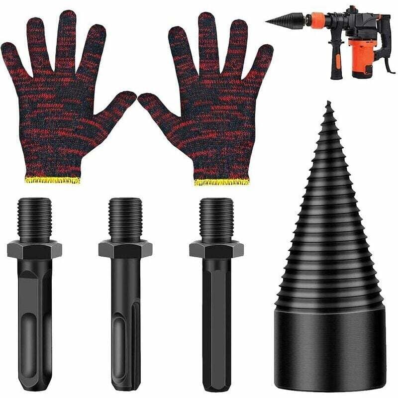 Holzspalter, 42-mm-Brennholzspalterbohrer, Hochleistungs-Holzspalterbohrer, konischer Holzspalter, HSS-Bohrer mit 3 Griffen und Handschuhen