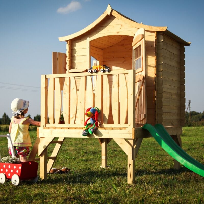 Timbela - Stelzenhaus mit rutsche aus Holz - Spielhaus im Freien für Kinder - B112xL146xH212 cm/1,1m2 Gartenspielhaus - Garten-Sommerhaus für Kinder