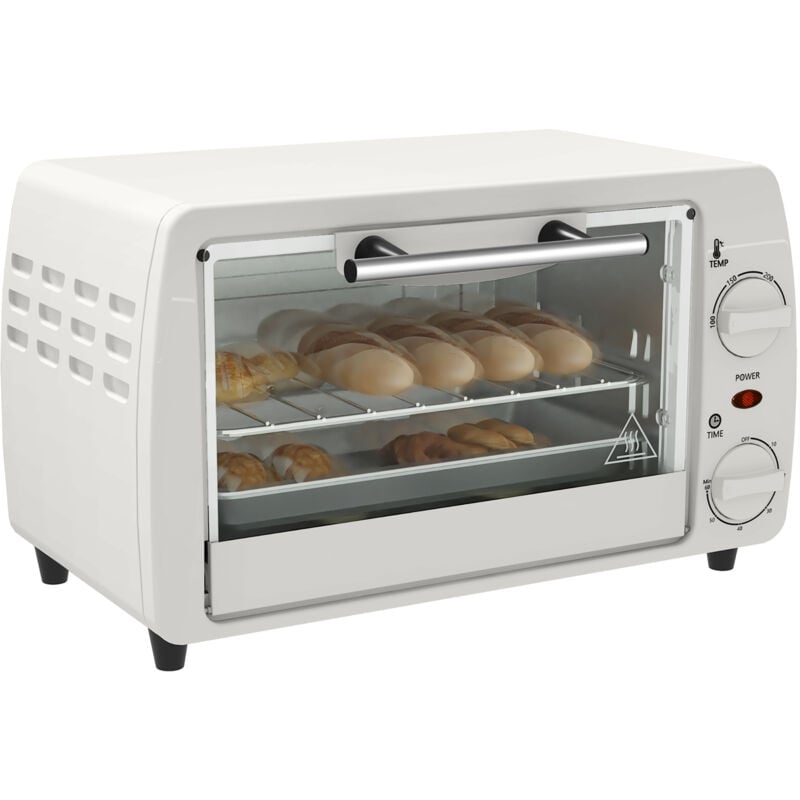 HOMCOM Mini Backofen 10 L 750W 100-230℃ 60 Min. Timer mit Backblech, Grillrost und Herausnehmbarer Bodenschale, Pizza-Ofen Cremeweiß