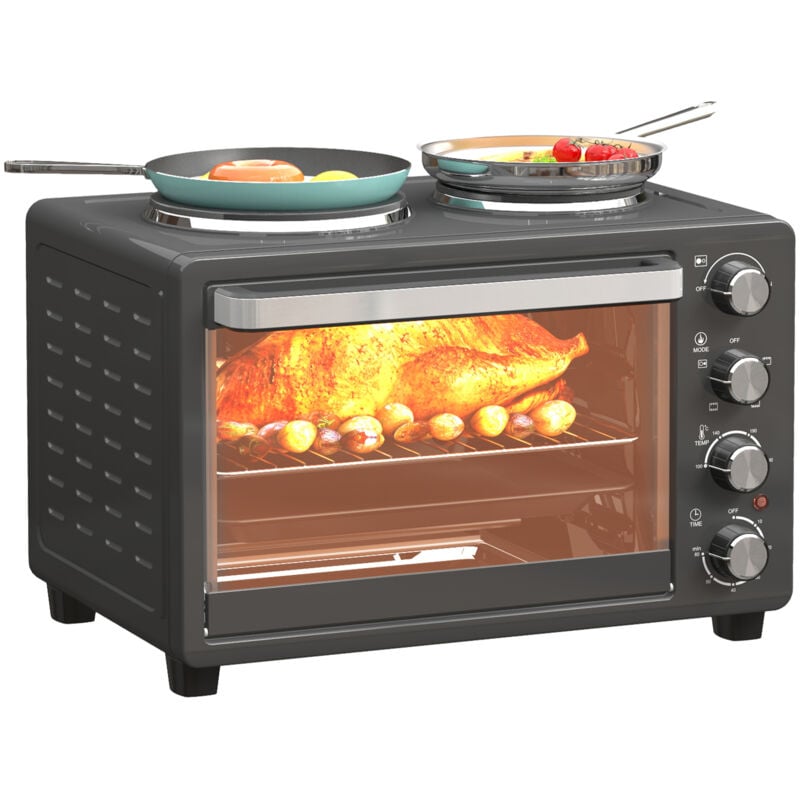 Homcom - Mini Backofen 28L 2600W 100-230℃ 60 Min. Timer inkl. Krümelblech, Warmhalteplatten, Backblech und Grillrost, Minibackofen mit