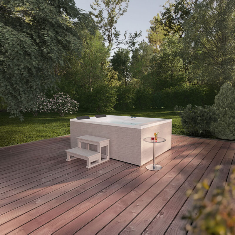 Home Deluxe - Outdoor Whirlpool nimbus - mit Treppe und Thermoabdeckung Maße: 190 x 140 x 70 cm- Inkl. Heizung, 18 Massagedüsen i Außen Whirlpool für
