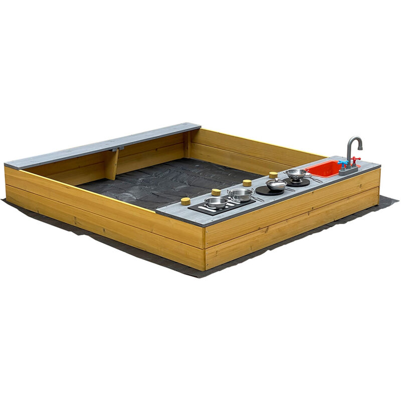 HOME DELUXE Sandkasten COOKY – Natur Holz-Sandkasten mit Spielküche für kreativen Spielspaß Sandkasten, Sandkasten mit Deckel, Holzsandkasten,
