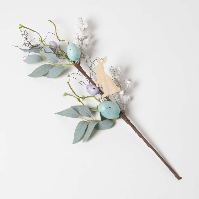 HOMESCAPES Dekozweig mit Ostereiern & Hasen-Deko - blau-grüne Osterdeko, pastellfarben