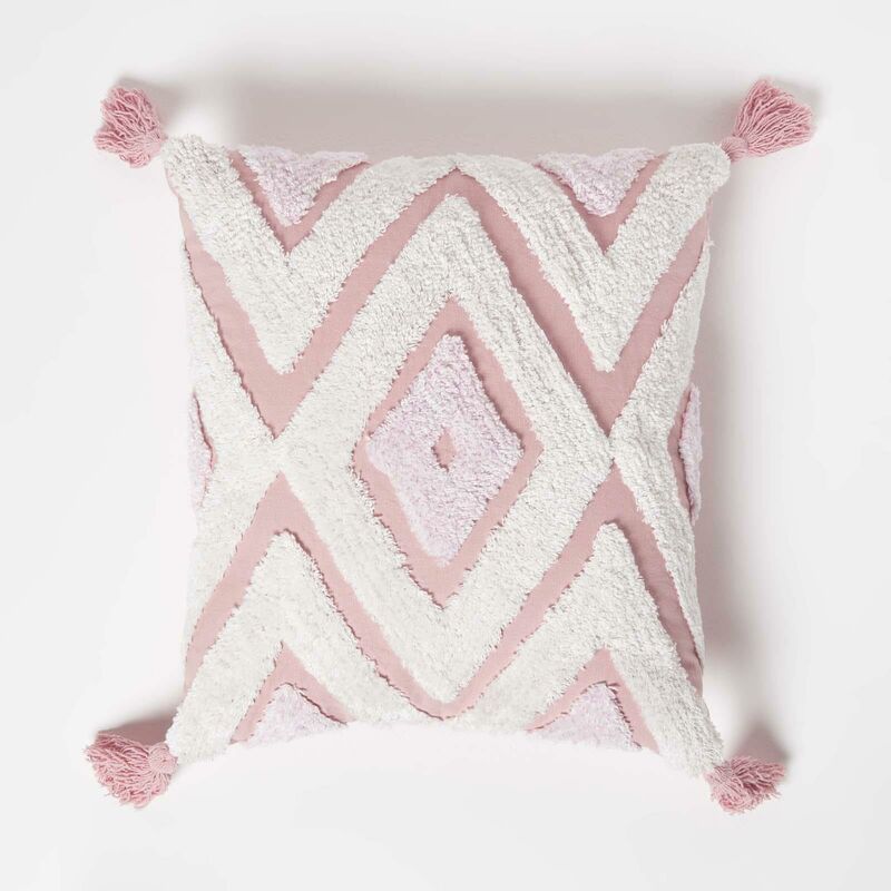 Homescapes - Rosa Tufted Kissen 45 x 45 cm - Boho Kissen mit Quasten, geometrisch