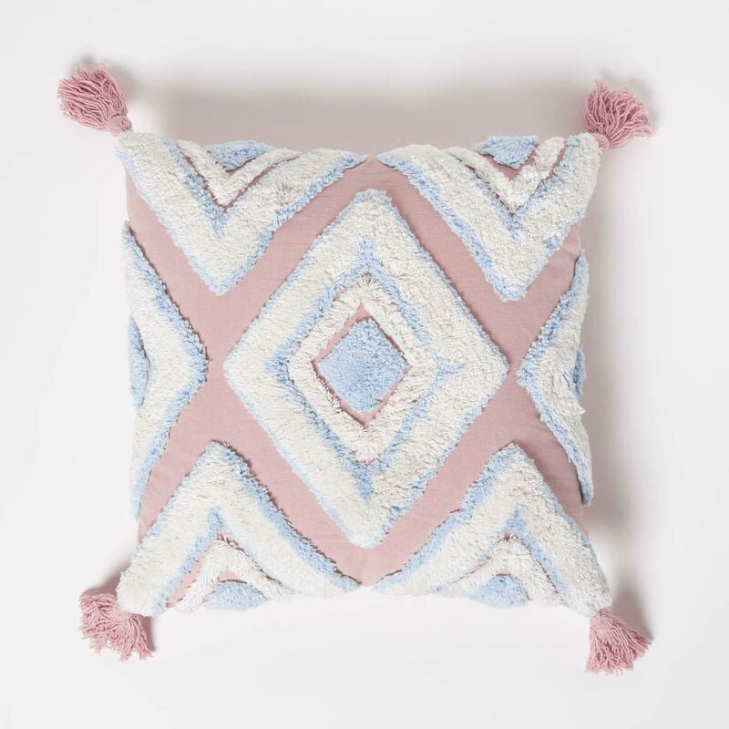 Homescapes - Blau-Rosa Tufted Kissen 45 x 45 cm - Boho Kissen mit Quasten, geometrisch