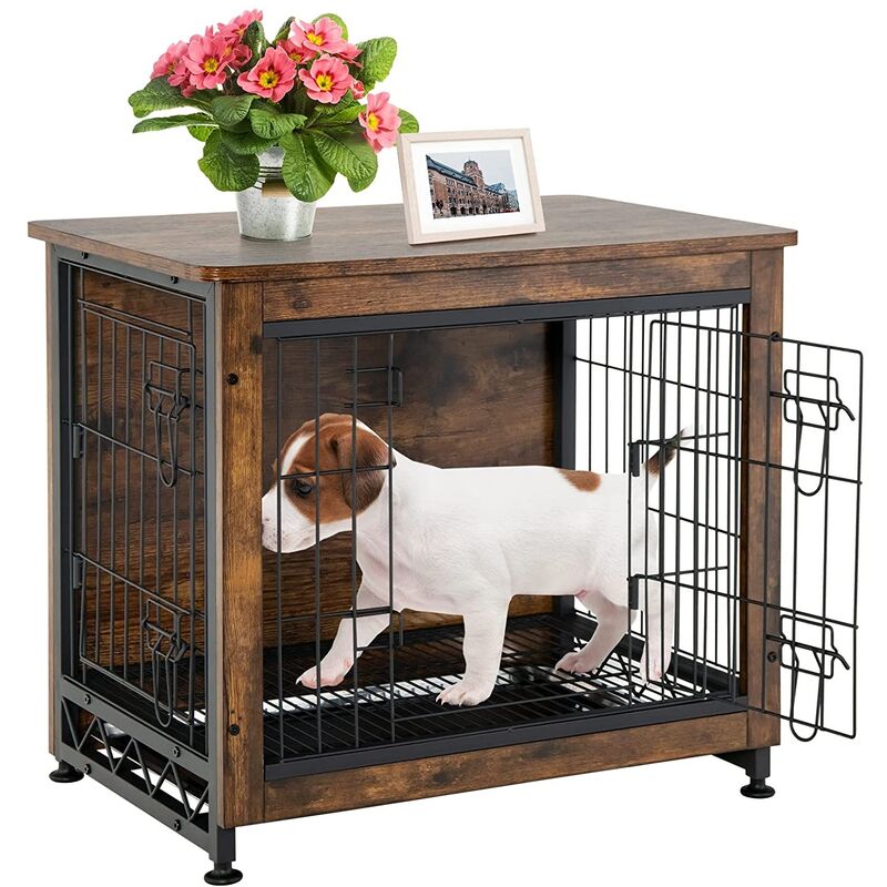 MaxxPet Hundekäfig aus Holz 63x51x59cm - Hundehaus - Haustierkäfig - Gitterbox Hund - Hundebox mit 2 Türen - Moderne Hundehütte Indoor - Braun