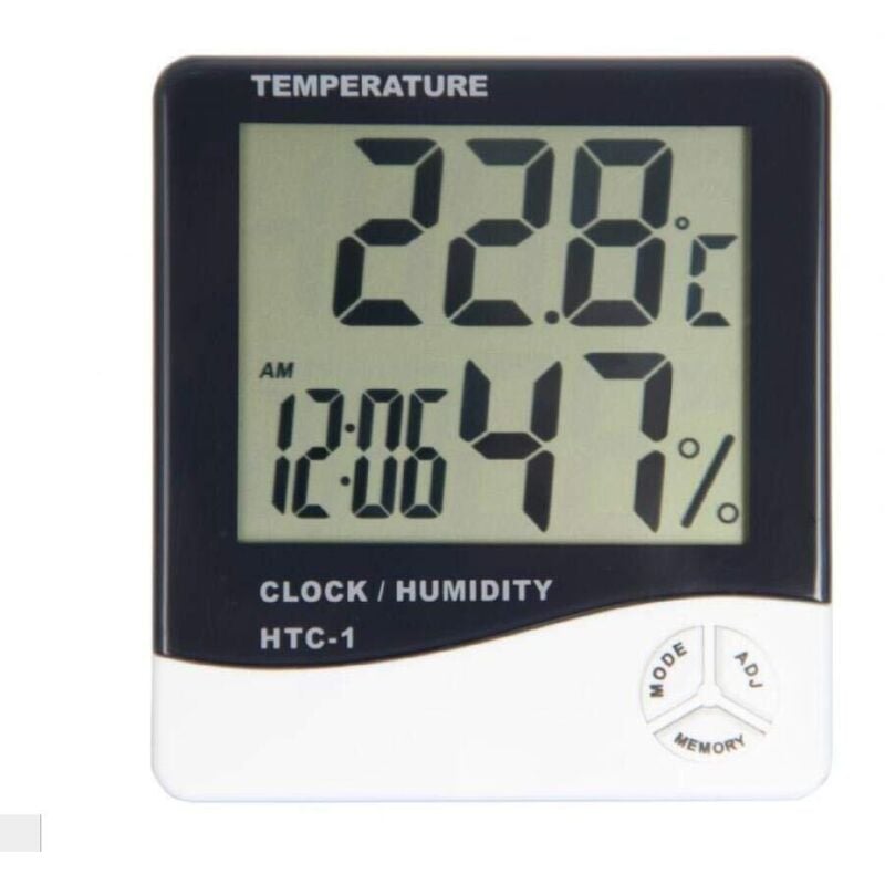 HTC-1 Digitales Thermometer-Hygrometer, Uhr, Wecker, Kalender, 5 Funktionen, großes Display, Tischständer und Wandhalterung, weißes Thermometer,