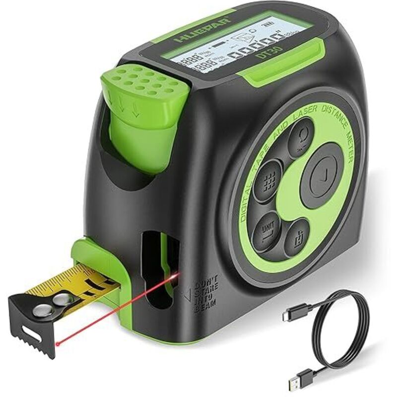 Huepar 2-in-1-Laser-Maßband, 60 m wiederaufladbares Laser-Messgerät und 4,8 m Maßband mit hintergrundbeleuchtetem LCD und beweglichem Haken –