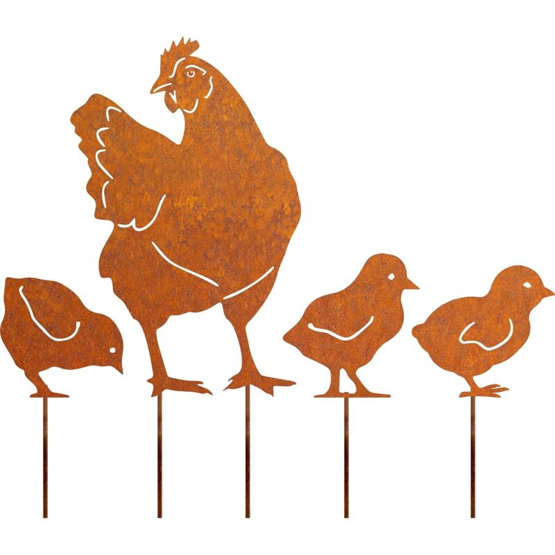 Hühner Gartenstecker 4er Ostern Rost Deko Gartendeko für Draußen, Edelrost Metall Huhn Küken Roststecker Bauernhof Frühling Deko
