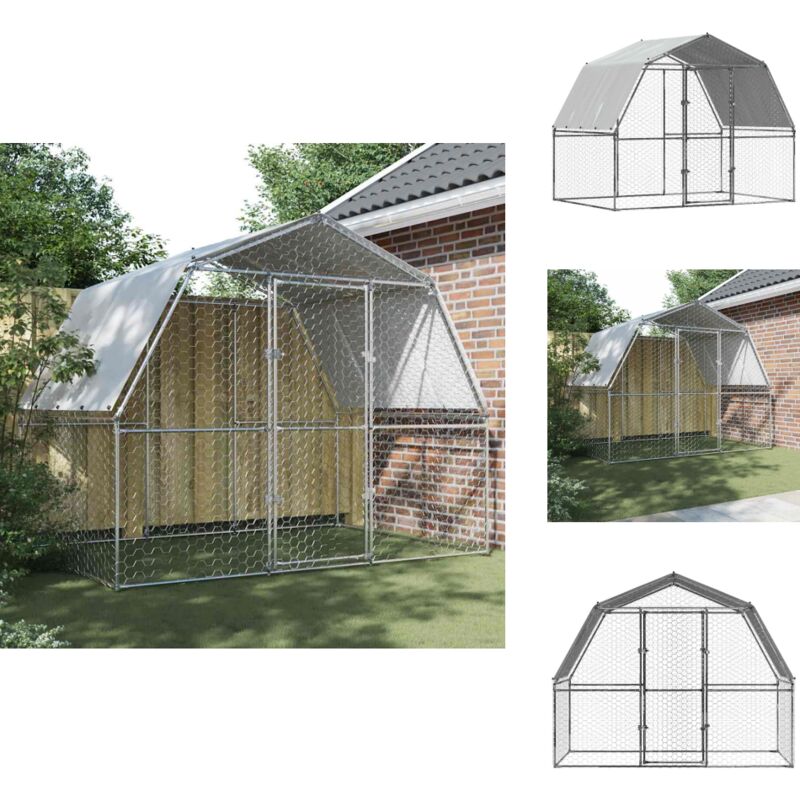 Hühnergehege mit Dach und Tür Silbern Verzinkter Stahl - Huhnendrahtzaun - Hühnerhaus - Gartenvoliere - Freilandhaltung - Vogelvoliere