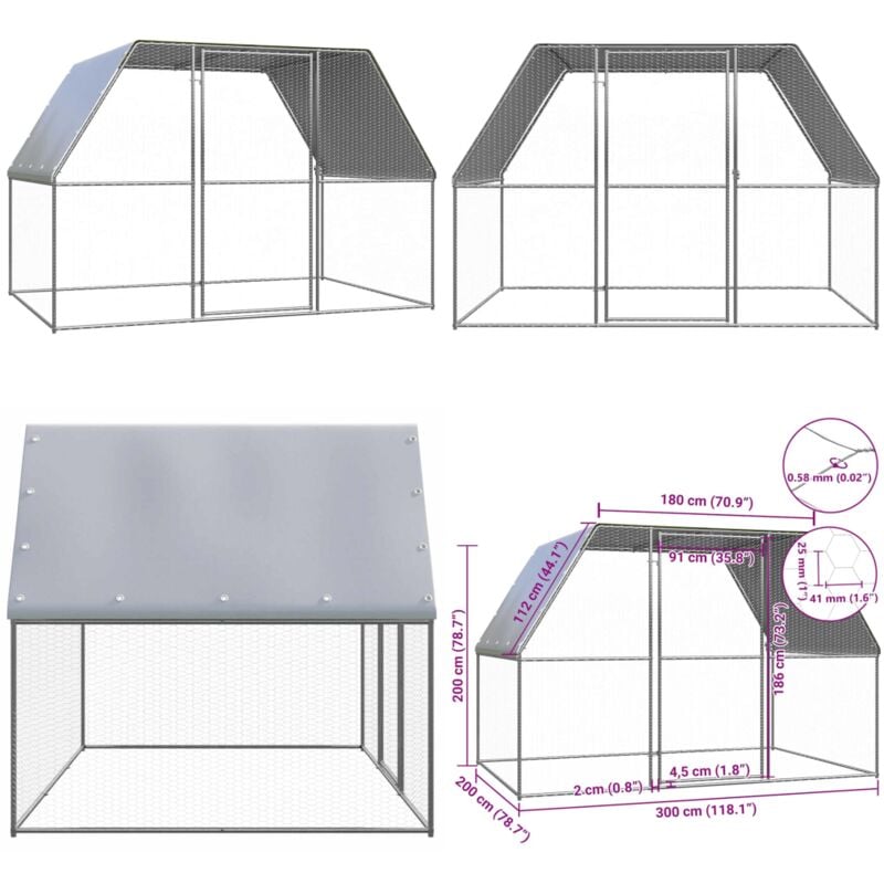 Hühnerkäfig Silbern und Grau 3x2x2 m Verzinkter Stahl - Huhnendrache - Hühnerhaus - Kleintiergehege - Vogelvoliere - Gartenhühnerstall - Home & Living
