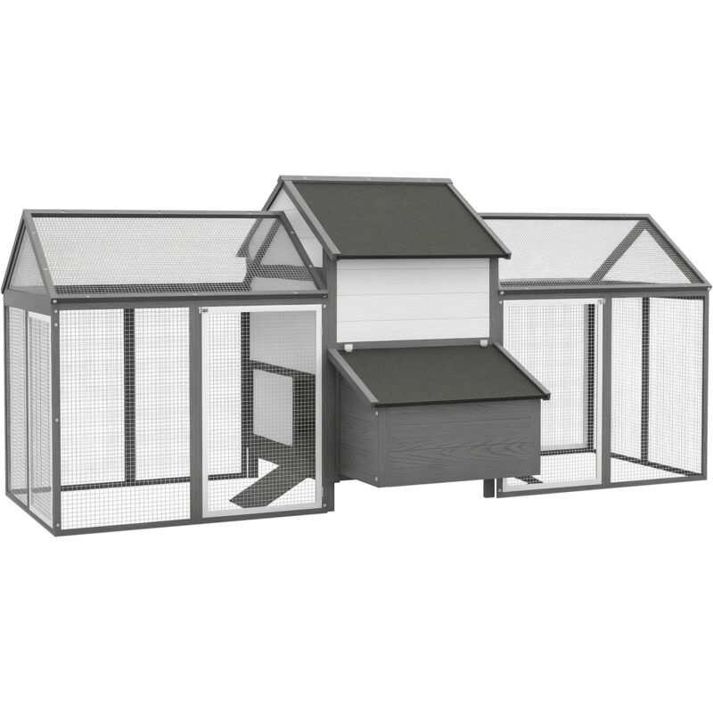 PawHut Hühnerstall aus Holz Hühnerhaus mit Nistkasten Geflügelstall mit Rampe, Gehege für Hühner Doppel-Laufstall mit Tablett, Grau, 247 x 125 x