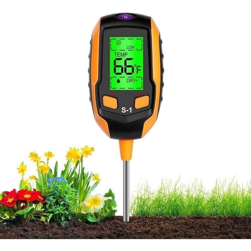 Humidimètre de sol 4 en 1 - Écran LCD numérique - Température des plantes/Humidité du sol/pH/Intensité lumineuse - Testeur de sol horticole et