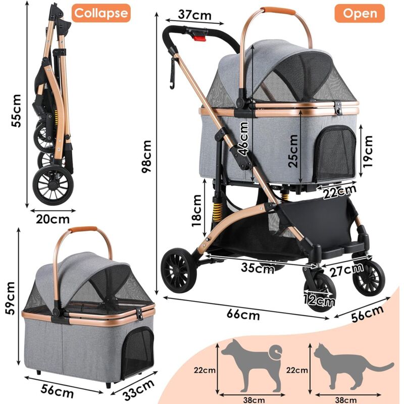 Hundebuggy Hundewagen Hundebox Katzen Pet Stroller Tiertransporter faltbar mit 4 Rädern 360° (Champagner + Dunkelgrau)