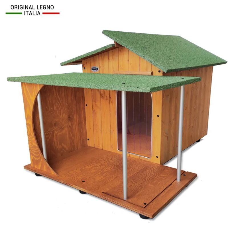 Original Legno Italia - Hundehütte Hundehaus Hundehöhle Hundebox Aus Holz Mod. Alpi mit Veranda Dach made in italy b - Pudel mit thermovorhang