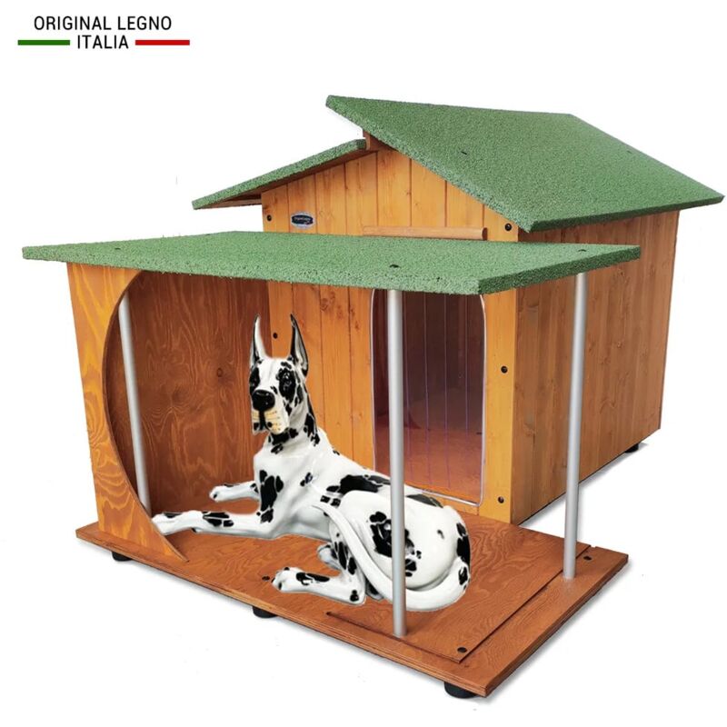 Original Legno Italia - Hundehütte Hundehaus Hundehöhle Hundebox Aus Holz Mod. Alpi mit Veranda Dach made in italy e - Deutsche Dogge mit