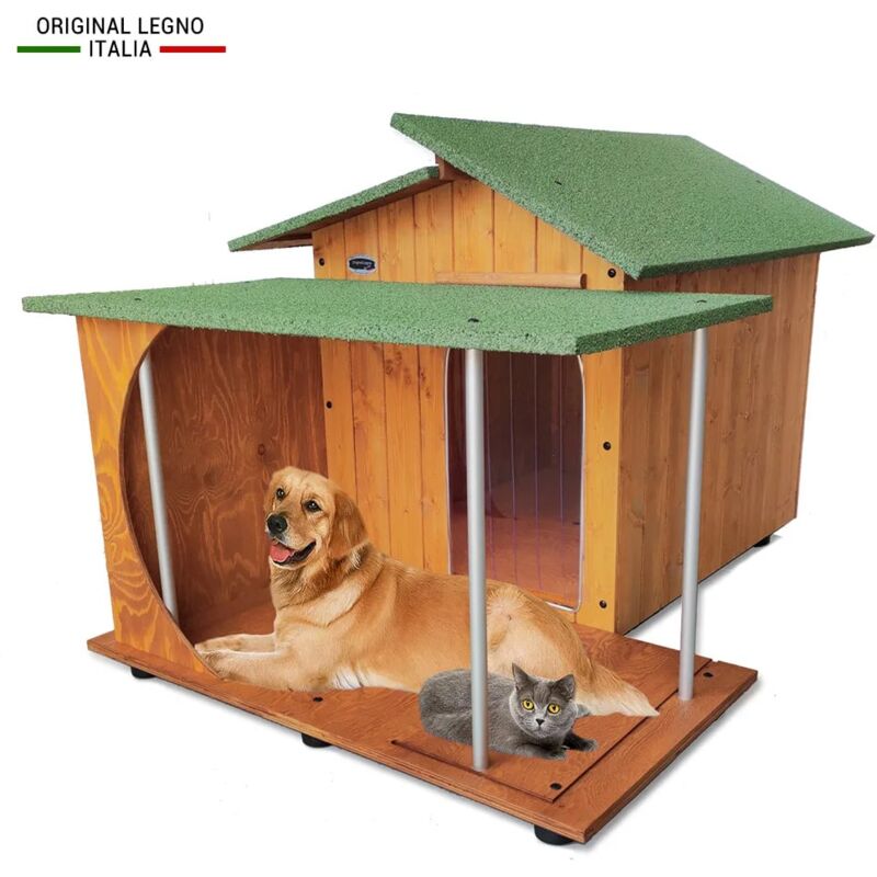 Original Legno Italia - Hundehütte Hundehaus Hundehöhle Hundebox Aus Holz Mod. Alpi mit Veranda Dach made in italy d - Deutscher Schäferhund mit