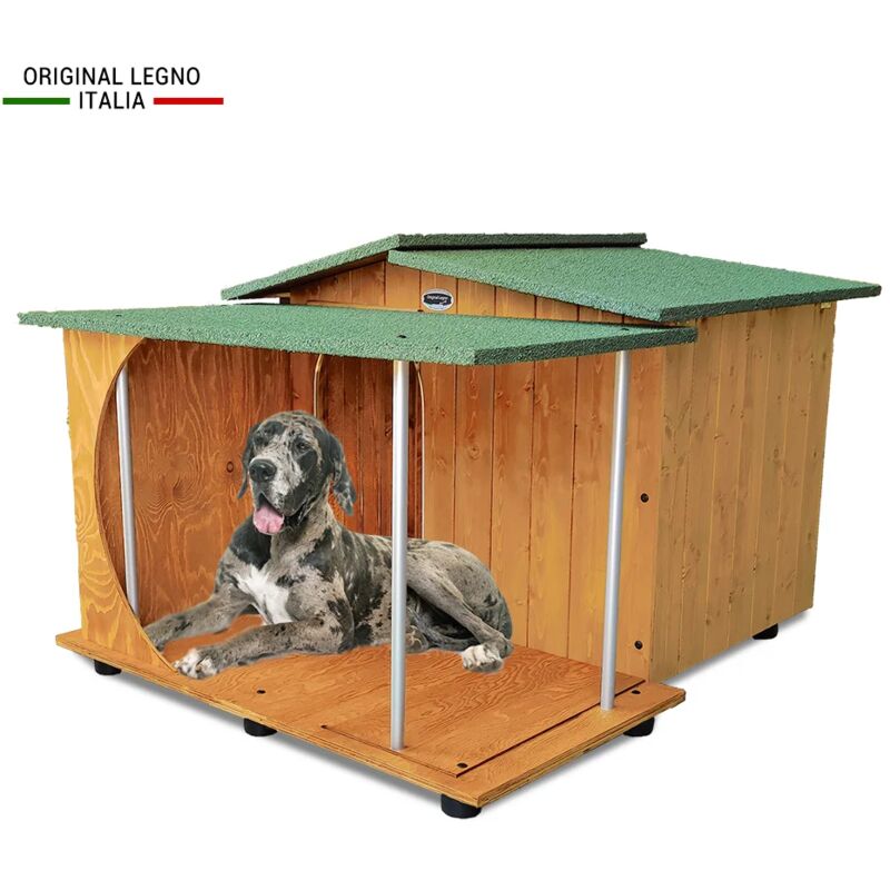 Original Legno Italia - Hundehütte Hundehaus Hundehöhle Hundebox Aus Holz Mod. Oasi mit Veranda Dach made in italy e - Deutsche Dogge mit