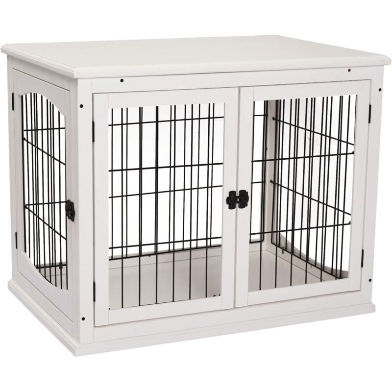Hundehütte Hundehaus Transportbox Kleintierkäfig für Innen 81 x 58,5 x 66 cm aus MDF & Metall in Weiß, ideal für Haustiere
