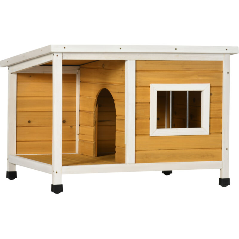 Hundehütte mit Veranda, aufklappbares Dach, Fenster, verstellbare Füße, Naturholz, orange, 85,5 x 62 x 60 cm