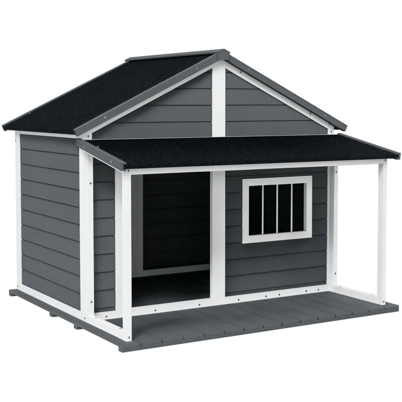 Pawhut - Hundehütte aus Massivholz Kleintierhaus Hundehaus mit Terrasse Asphaltdach Outdoor wetterfeste Hütte für draußen Grau 124 x 112 x 105 cm
