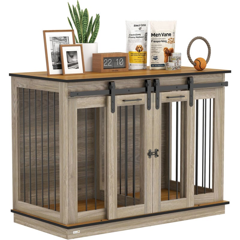 Hundekäfig Möbel mit Zweiraum-Option, 2 Türen moderne Metall Hundebox für Zuhause Indoor Hundehütte für große Hunde bis zu 30 kg Hundehaus 120 x 60 x