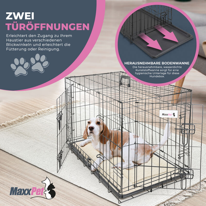 MaxxPet Hundebox 107x71x76 cm - Faltbarer Hundekäfig Mit 2 Türen (Vorne und Seitlich) - Inklusive Luxus-Plaid - Für Den Transport Geeignet - Schwarz