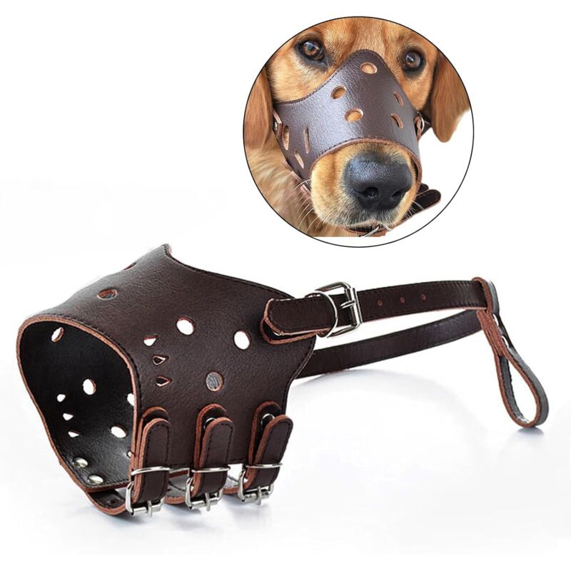 Maulkorb für Hunde, Bissschutz-Maulkorb aus Leder, atmungsaktiver Hundemaulkorb, Hundemaulkorb zur Verhinderung von Bellen (Braun, S)