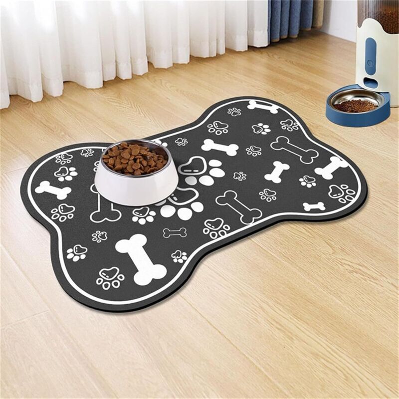 Hundenapf-Unterlage, Knochenform, saugfähige Hundefutter-Unterlage, Trockenmatte für Tierfutter (30x40cm, Schwarz)