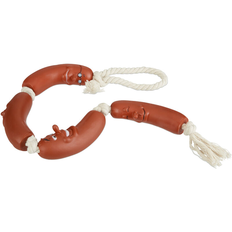 Relaxdays - Hundespielzeug Wurst, kleine & mittlere Hunde, robust, ohne Quietscher, Kauspielzeug, 65 cm lang, rot-weiß