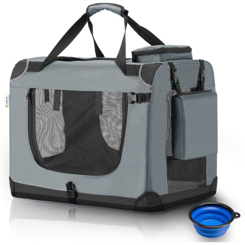 Hundetransportbox Lassie xl (grau) faltbar - 56 x 81 x 58 cm - Hundebox mit Decke, Tasche & Griffen – Stoff Autotransportbox für Hunde - Juskys