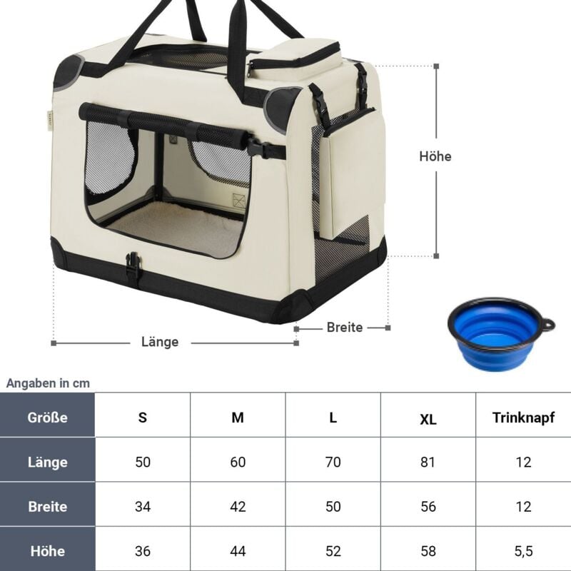 Hundetransportbox Lassie m (beige) faltbar - 42 x 60 x 44 cm - Hundebox mit Decke, Tasche & Griffen – Stoff Kleintiertasche für Hunde - Juskys