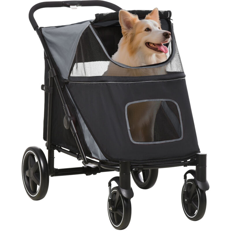 PawHut Hundewagen, Hundebuggy mit Kissen, faltbarer Hundetrolley, Katzenbuggy für große und mittelgroße Hunde, Hundetrolley mit Netzfenster,