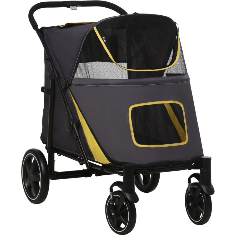Hundewagen Hundebuggy faltbar mit Kissen und Sicherheitsleinen, Katzenbuggy mit Netzfenster und Seitentasche aus Oxfordstoff in Dunkelgrau