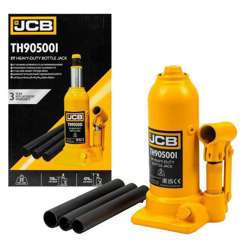 Hydraulischer Wagenheber JCB 5 Tonnen, Hebebühne für PKW de, Tragkraft 5000 kg, Hubbereich de 218-474 mm, Sicherheitsventil de, Klappgriff.