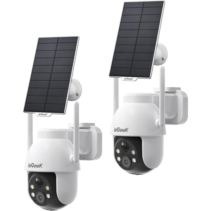 iegeek 2K 360 ° WIFI caméras de sécurité solaire extérieures sans fil (2 unités), équipées de panneaux solaires, vision nocturne couleur, détection