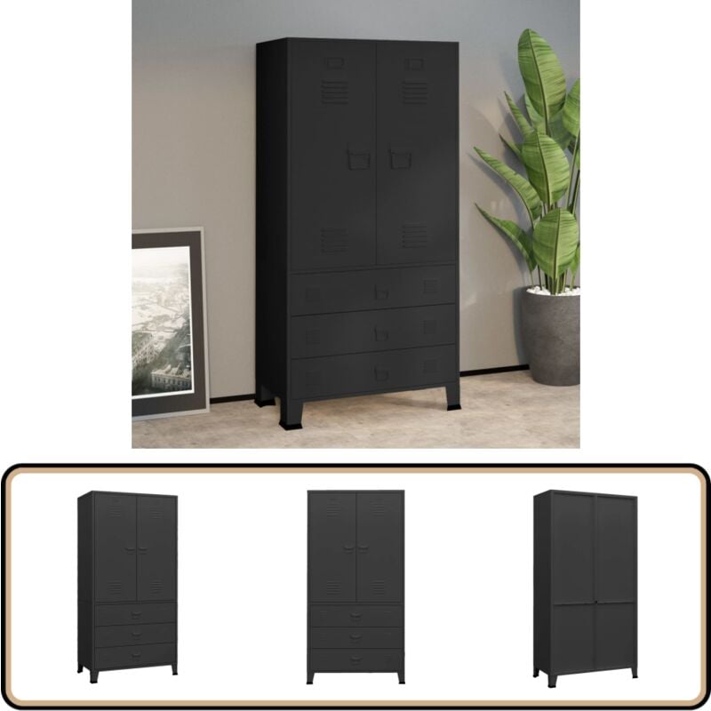 Industrial Kleiderschrank Schwarz 90x50x180 cm Metall - Industrieller Kleiderschrank - Metallschrank - Garderobe - Schuhregal - Schwarze Kommode