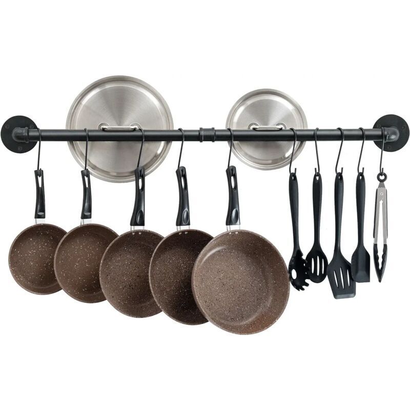 Industrielle Küchenreling, 100 cm Wand-Topfhalterung, Topfhalter aus Edelstahl mit 14 Haken für Küchengeräte – Schwarz