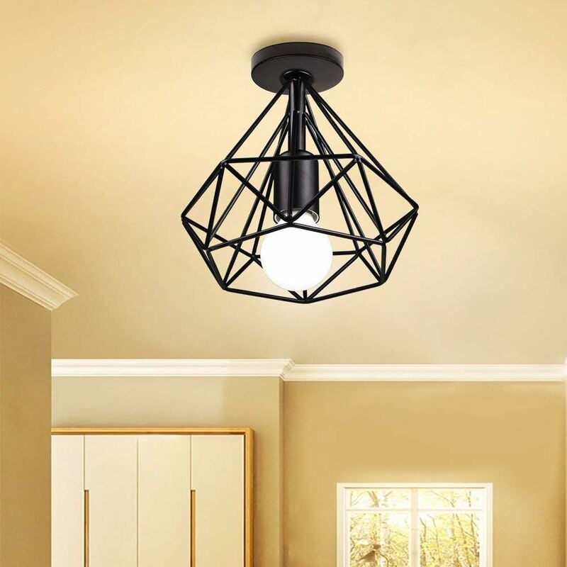 Industrielle Vintage Metall LED Deckenleuchte E27 Käfig Rautenform 20cm für Esszimmer, Bar, Schlafzimmer, Küche und Wohnzimmer (Schwarz)