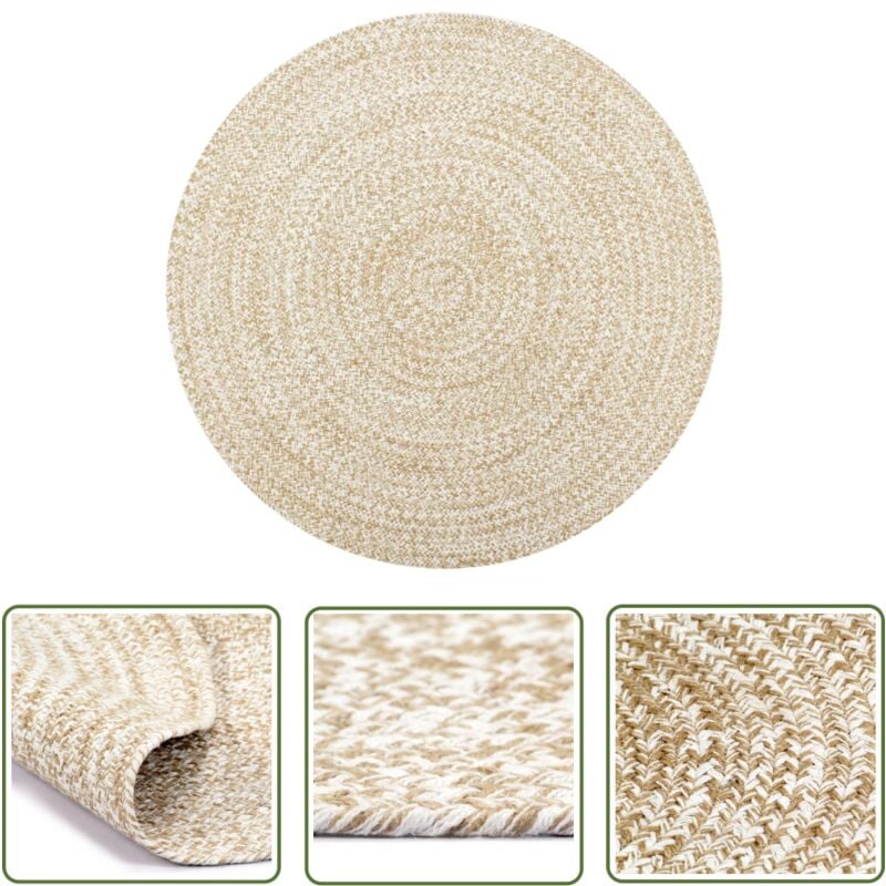 The Living Store Teppich Handgefertigt Jute Weiß und Natur 90 cm - Naturfaser Teppich - Jute Teppich - Gewebe Teppich - Wohnzimmer Teppich