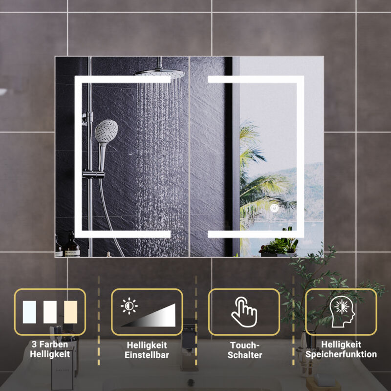 Intelligenter Badezimmerspiegelschrank mit LED-Beleuchtung, Doppeltür, Speichermodus, einstellbarer Beleuchtung, an der Wand montierte Wandschränke