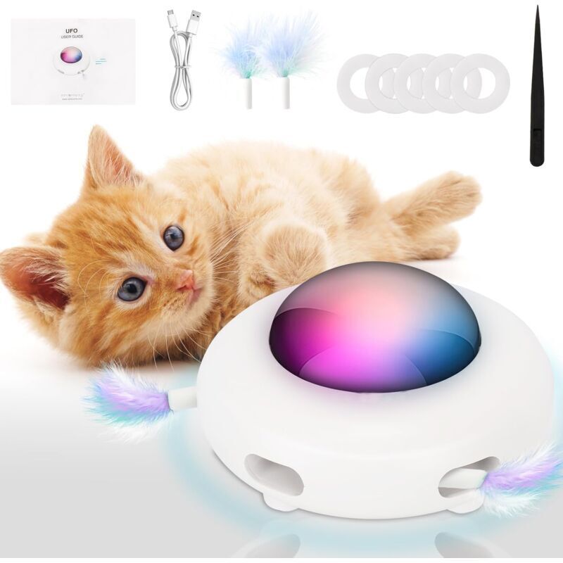 Interaktives Katzenspielzeug für Wohnungskatzen mit rotierender Feder, interaktives elektronisches UFO-Katzenspielzeug (intelligenter Modus,