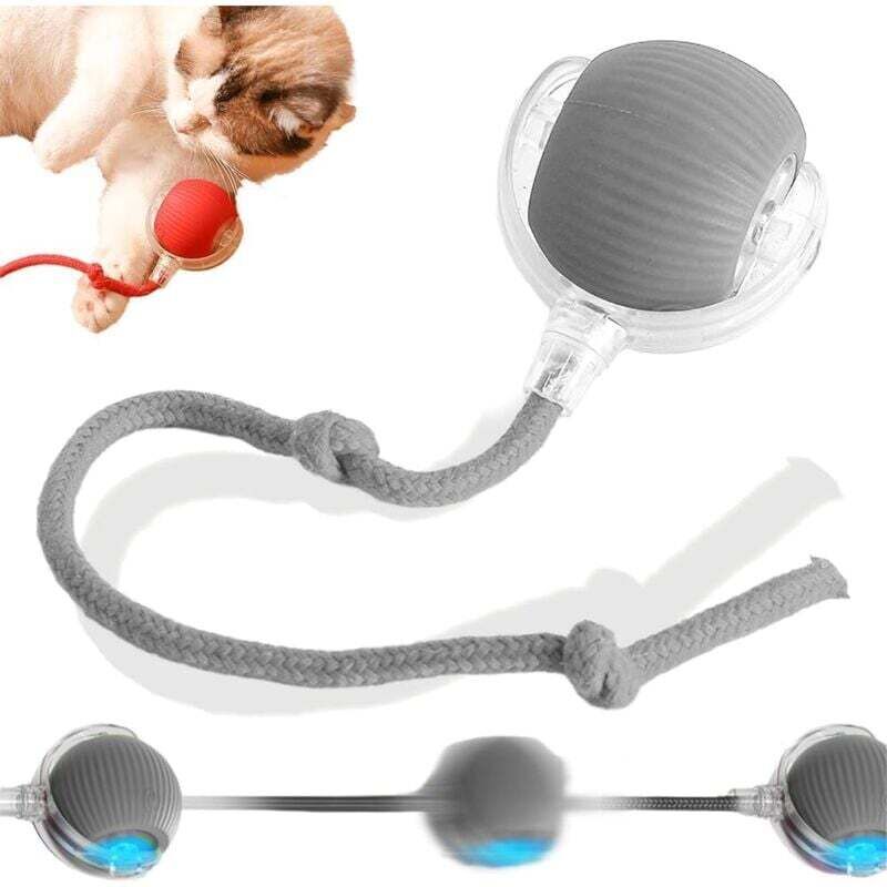 Interaktives Katzenspielzeug, Katzenball, interaktives Katzenspielzeug, 360 Grad drehbares Katzenspielzeug, mit LED-Licht, mit Seil, wiederaufladbar