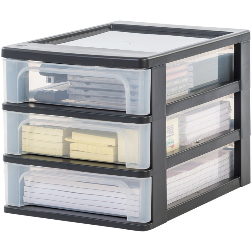 Iris Ohyama - Schreibtisch-Organizer mit 3 flachen Schubladen, Schwarz, Easy-Pull-System, A4, A5 & A6 Format, Schreibtisch Organizer für Büro,